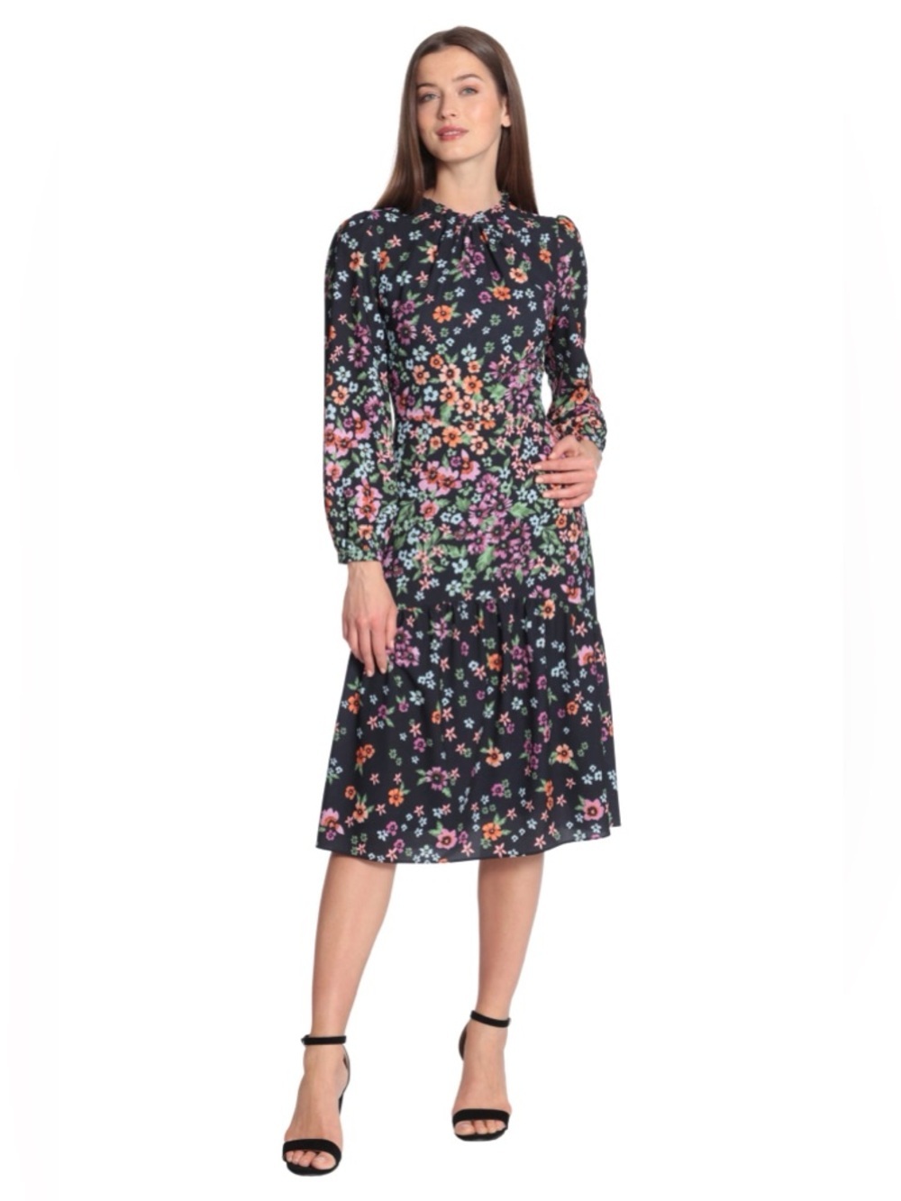 Maggy London Kiri Black Floral Midi Dress Long Sleeve A Line 12 - Picture 3 of 16
